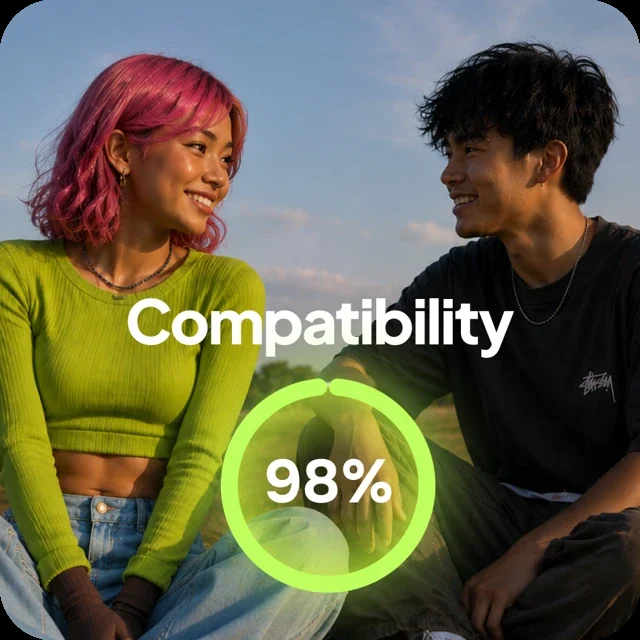 Two people laughing together with a 98% compatibility score
