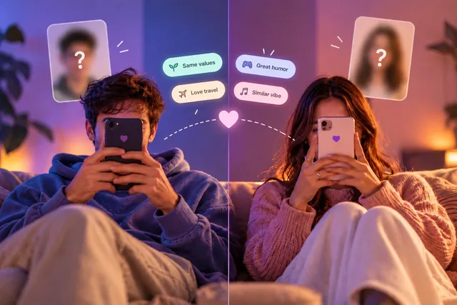 Two people connecting through personality and compatibility before photos are revealed
