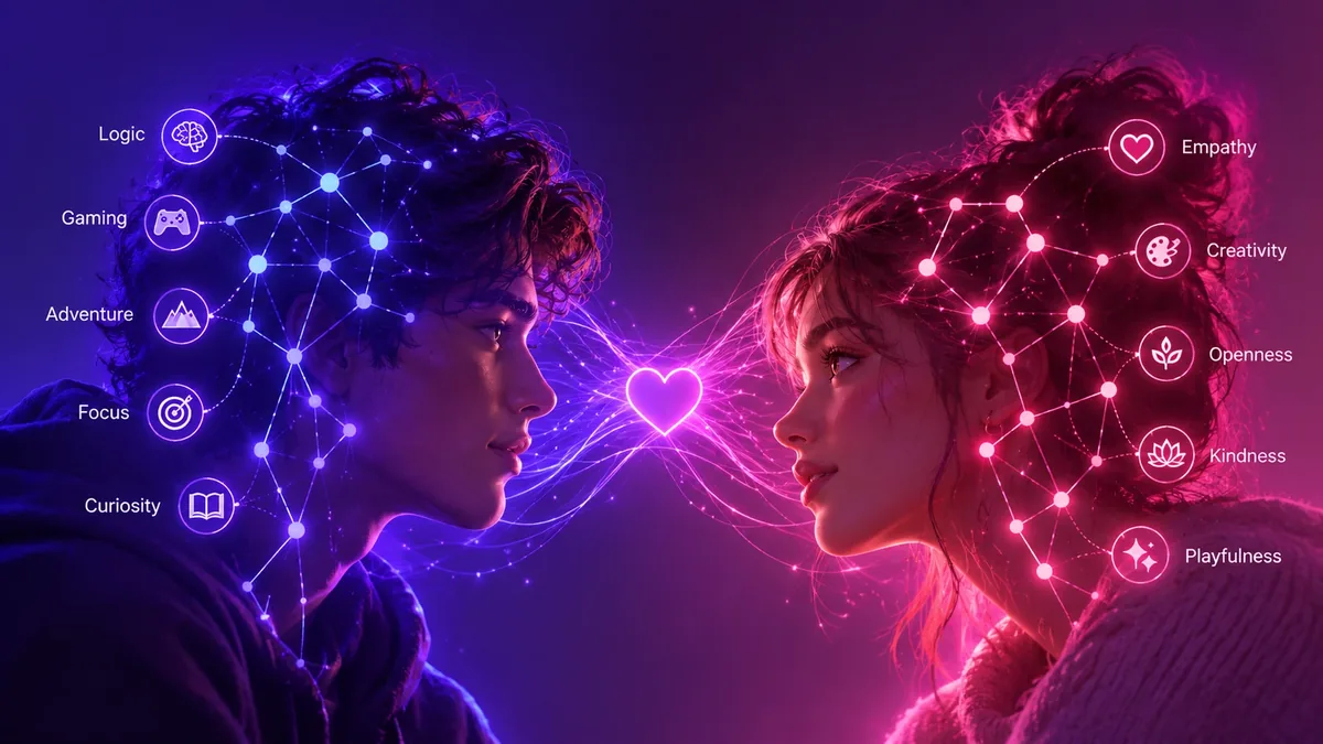 Two people represented through connected personality traits and emotional compatibility