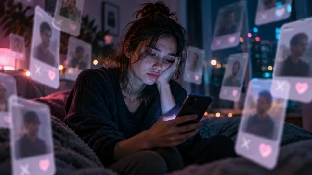 Person feeling overwhelmed by endless swiping on a dating app